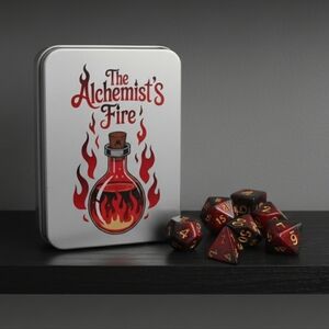 NEW Alchemist Fire Black & Red Polyhedral Dice, Tin, and Bag Set